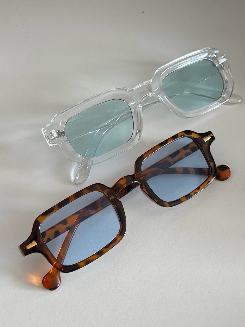 Retro Rectangle Sunglasses - Clear & Tortoiseshell with Blue Lenses set of 2